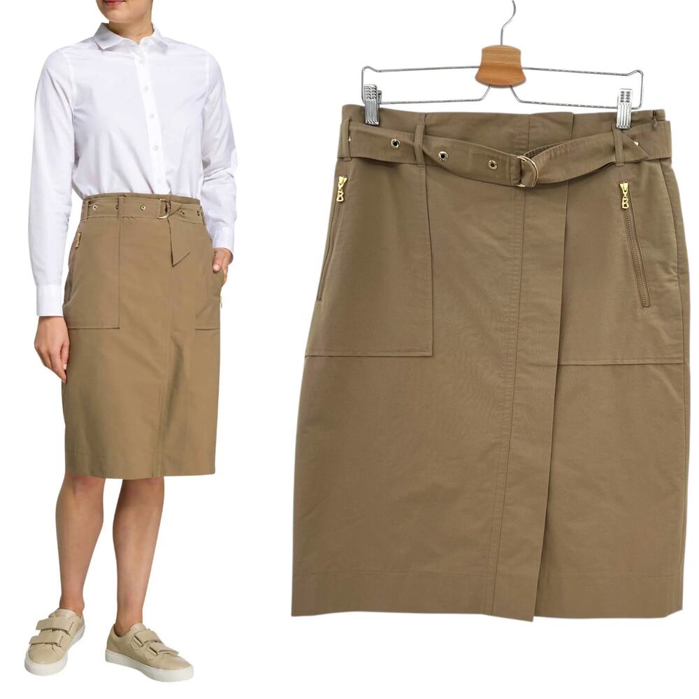 Bogner Florina Pencil Skirt Belted Khaki Camel Beige Tan Size US 10